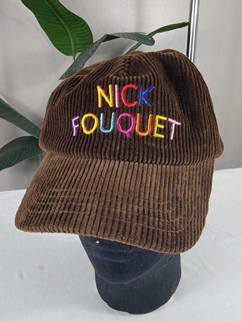 Brown corduroy Nick Fouquet embroidered hat with adjustable strap back fasten